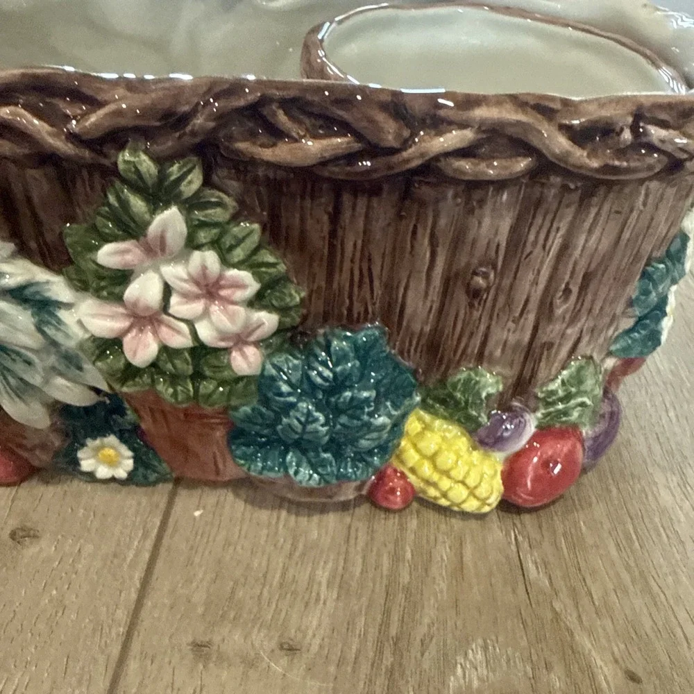 RARE Vintage Fitz and Floyd Coq‎ Du Village Rooster 2 Herb Pots and Tray Planter
